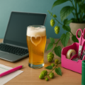 KI-generiertes Bild von einem Büroarbeitsplatz mit Bierflair